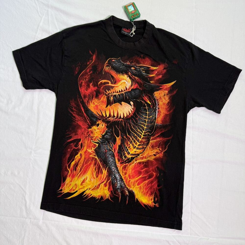 Vtg Y2K Dragon Flames Heavyweight T-Shirt - M
